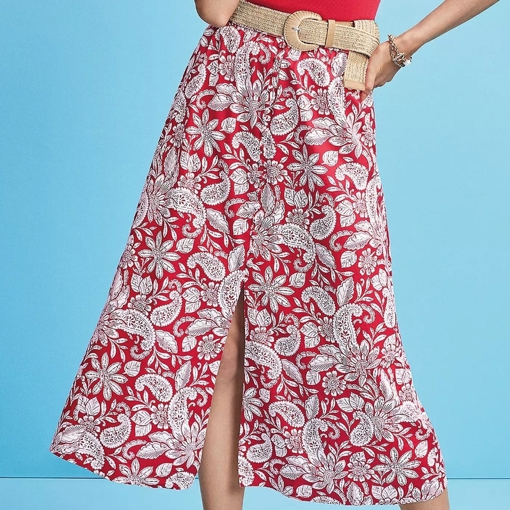 Loft Paisley Button Pull On Midi Skirt Front Silt Tango Red Cotton Blend Size M